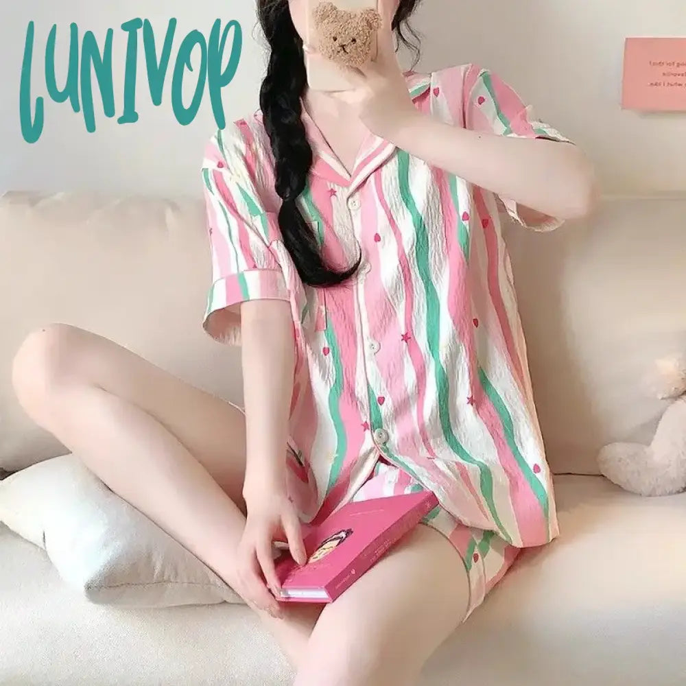 Lunivop Cloud Cotton Pajamas Women Summer 2024 New Cute Colourful Stripes Short-Sleeved Shorts Suit