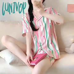 Lunivop Cloud Cotton Pajamas Women Summer 2024 New Cute Colourful Stripes Short-Sleeved Shorts Suit