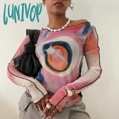 Lunivop Colorful Mesh Crop Top For Women 2024 New Y2K Ruffle Long Sleeve Harajuku Tees Ladies