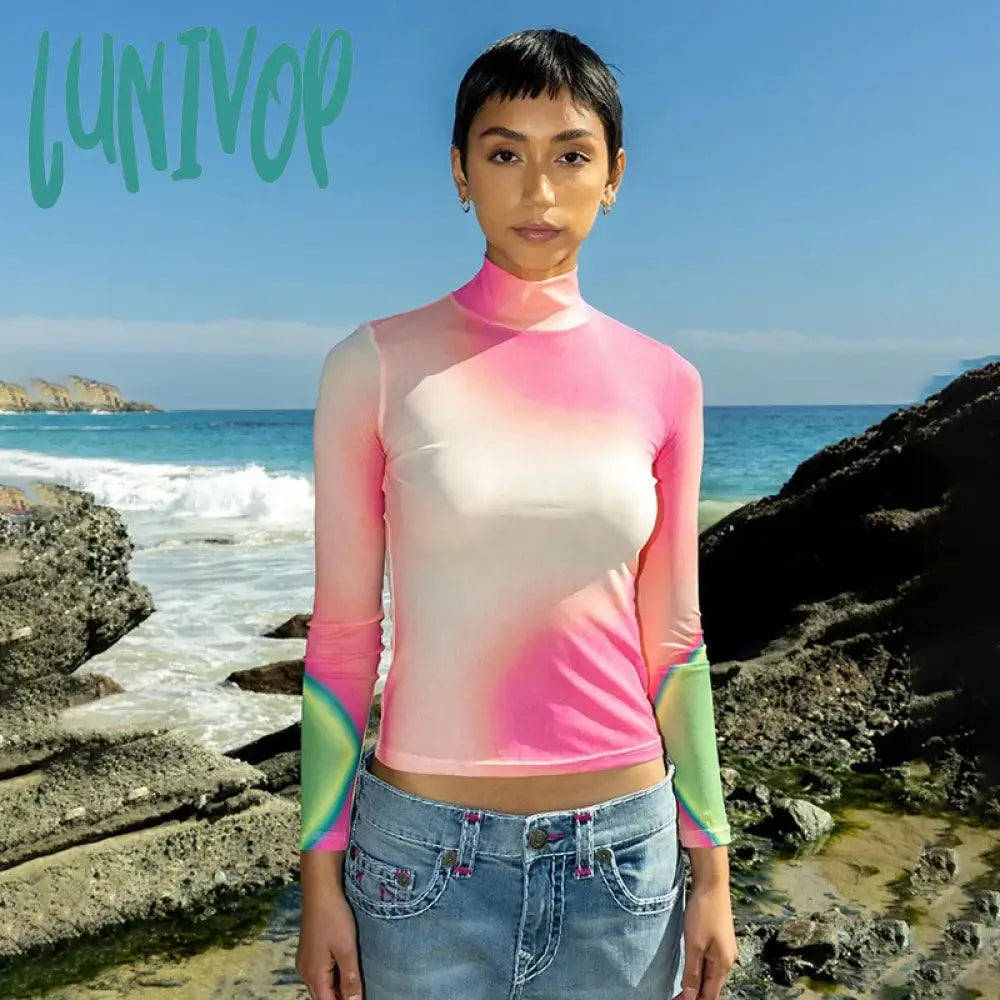 Lunivop Colorful Tie Dye Long Sleeve Tees Women Pink Fashion Y2K Mesh Pullover Femme 2024 Beach
