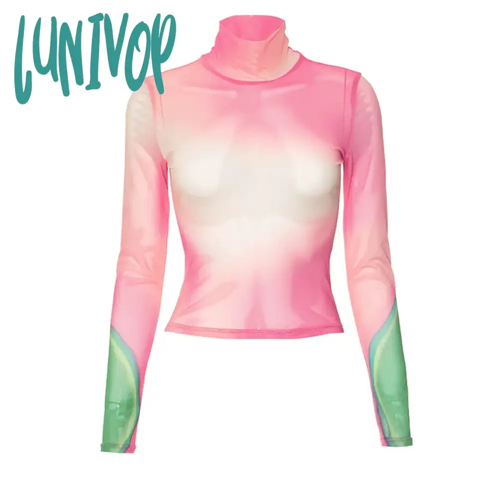 Lunivop Colorful Tie Dye Long Sleeve Tees Women Pink Fashion Y2K Mesh Pullover Femme 2024 Beach