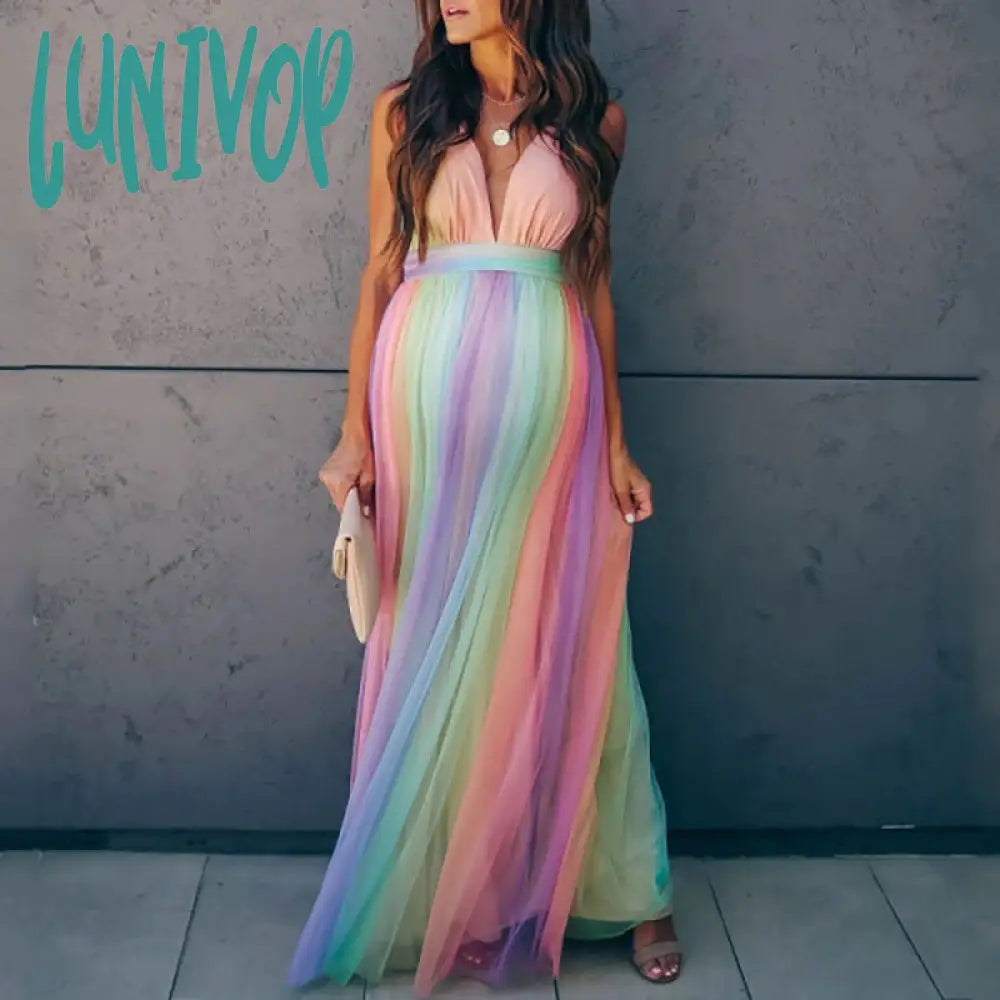 colors of the rainbow dress to impress Spring and Summer New Pregnant Mother Pregnant Women Large Swing Mesh Rainbow Printing Dress