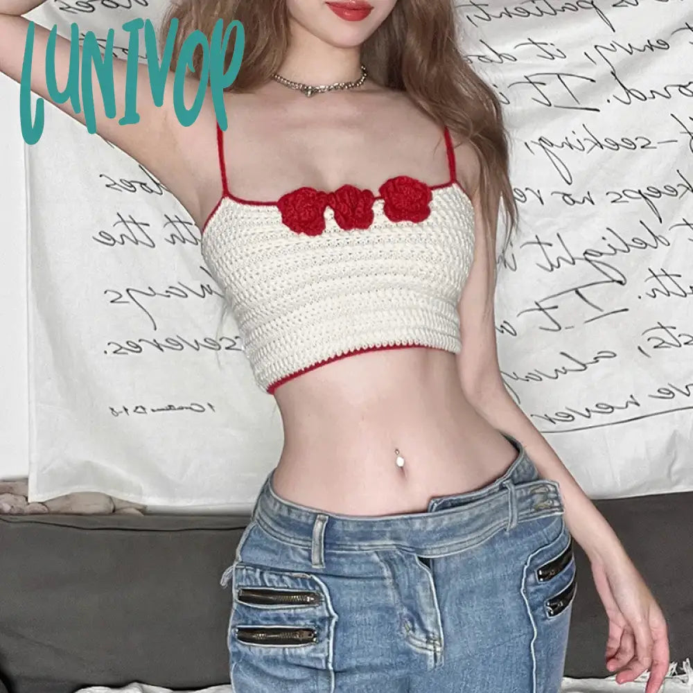 Lunivop Contrast-Color Knit Camisole Crop Tops Woman Summer Trend Sexy Y2K Flower Appliques