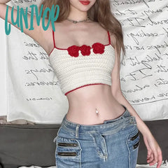 Lunivop Contrast-Color Knit Camisole Crop Tops Woman Summer Trend Sexy Y2K Flower Appliques