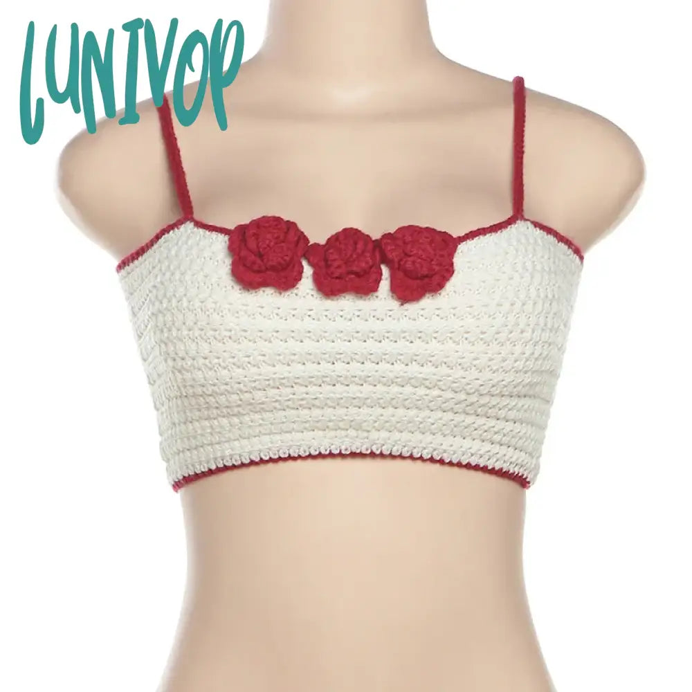 Lunivop Contrast-Color Knit Camisole Crop Tops Woman Summer Trend Sexy Y2K Flower Appliques