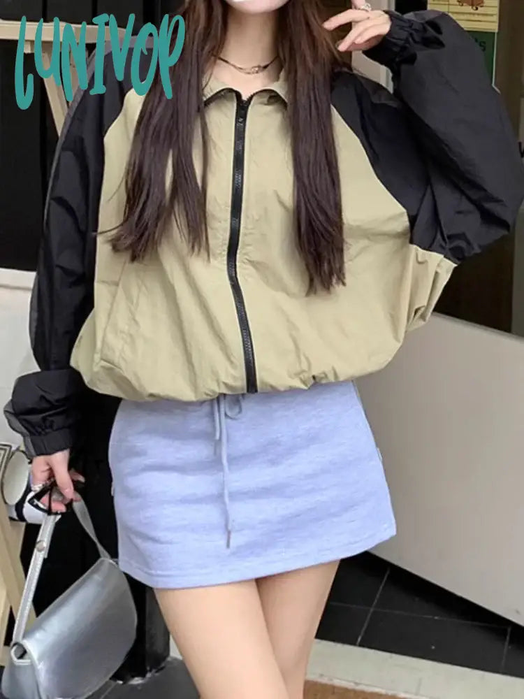 Lunivop Contrast Color Loose Turn Down Collar Jackets Women Y2K Aesthetic Casual Patchwork Coat
