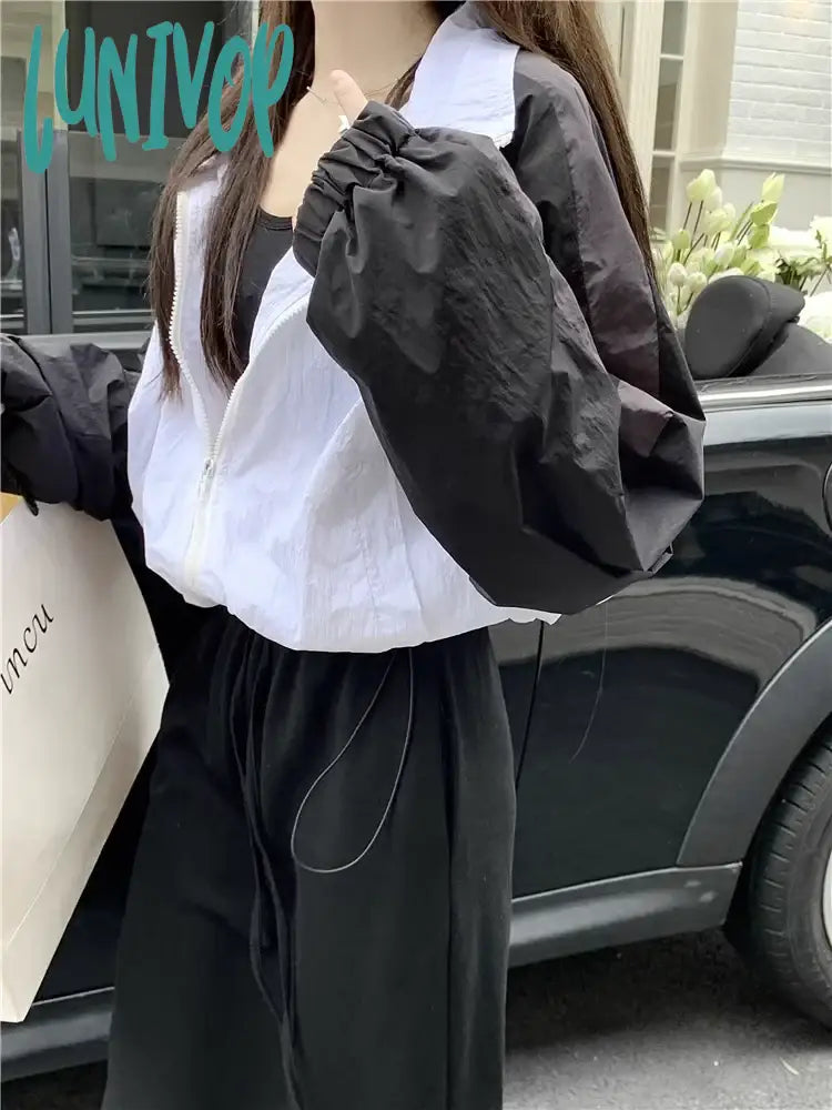 Lunivop Contrast Color Loose Turn Down Collar Jackets Women Y2K Aesthetic Casual Patchwork Coat