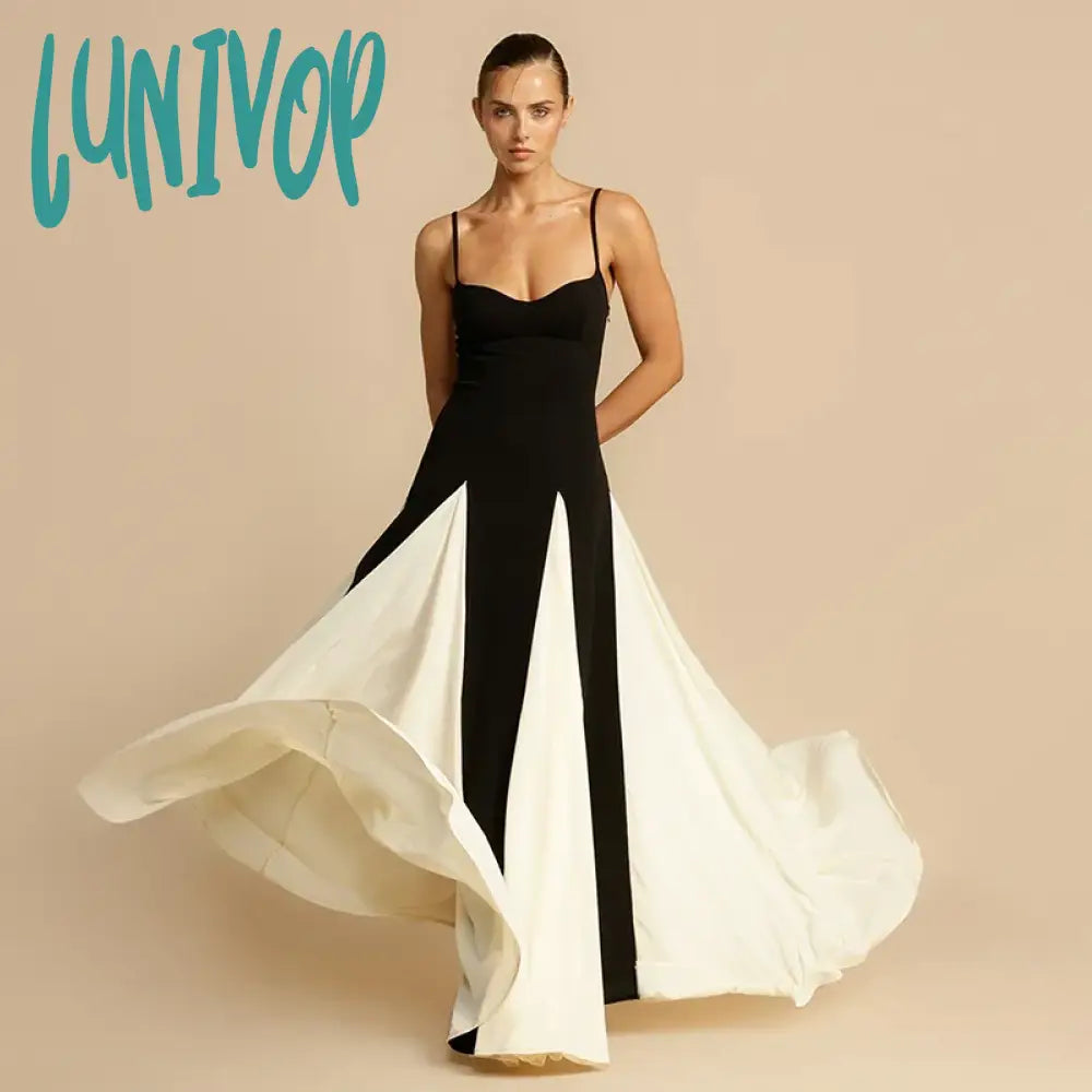 Lunivop Contrast Color Suspender Maxi Evening Dress Women’s With Lining Sexy Backless Splice