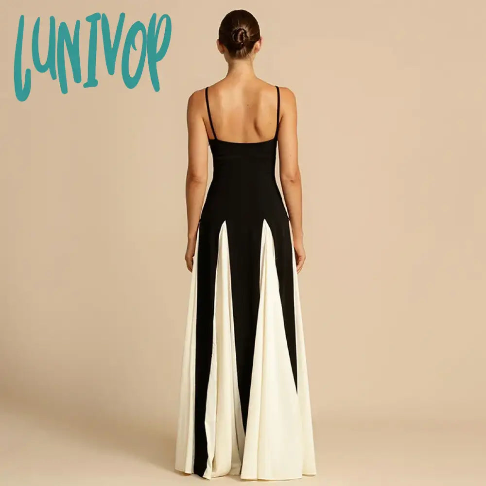 Lunivop Contrast Color Suspender Maxi Evening Dress Women’s With Lining Sexy Backless Splice