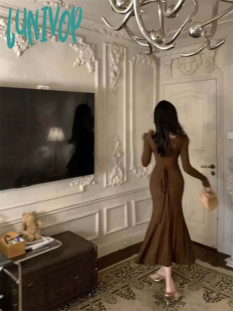 Lunivop Coquette Brown Dress Women Korean Style Mixi Prom Dresses Elegant Vintage Long Sleeve One