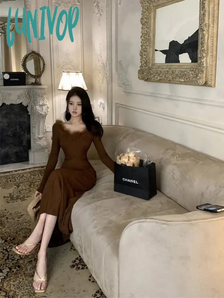 Lunivop Coquette Brown Dress Women Korean Style Mixi Prom Dresses Elegant Vintage Long Sleeve One