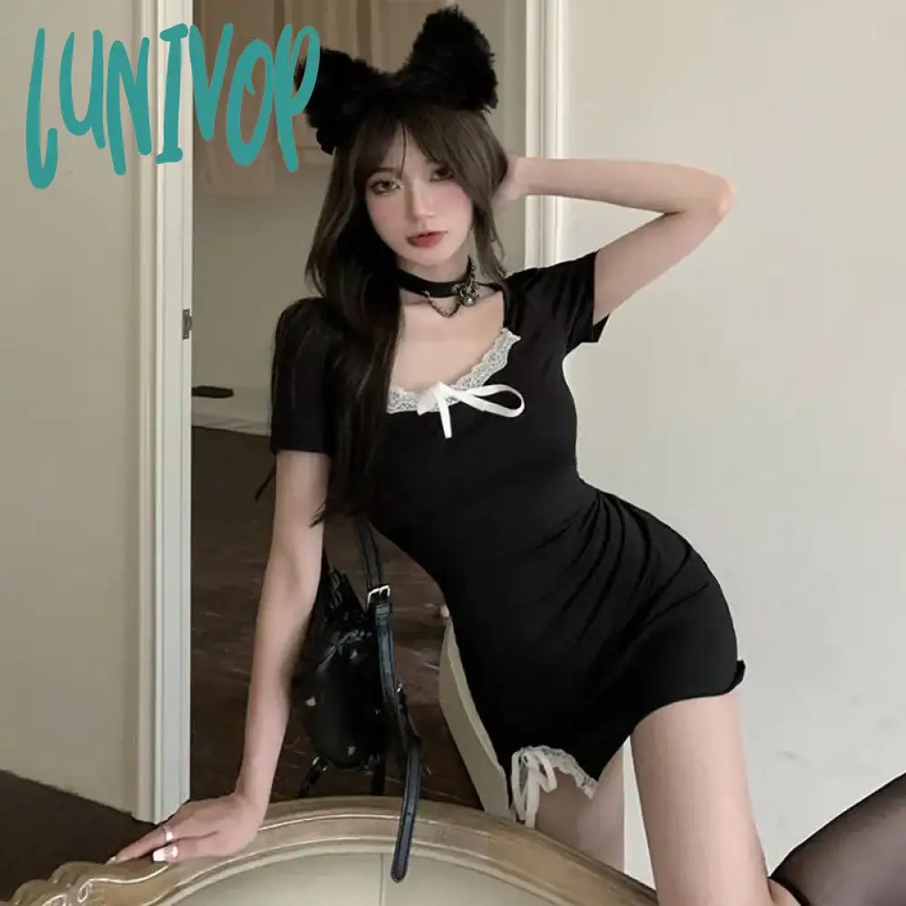 Lunivop Coquette Sexy Black Corset Dress Women Goth Y2K Aesthetic Lace Side Spilt Short Sleeve