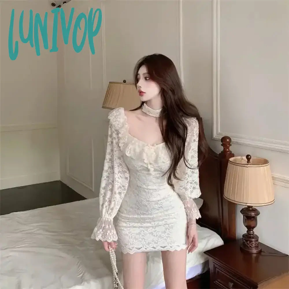 Lunivop Coquette Sexy Mini Cabaret Dress Women Korean Style Fairy Ruffle Slash Neck Long Sleeve