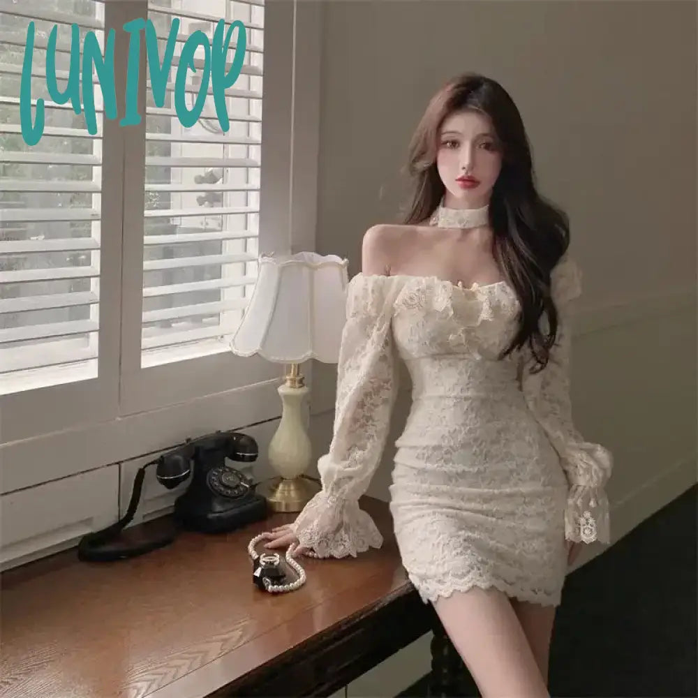 Lunivop Coquette Sexy Mini Cabaret Dress Women Korean Style Fairy Ruffle Slash Neck Long Sleeve