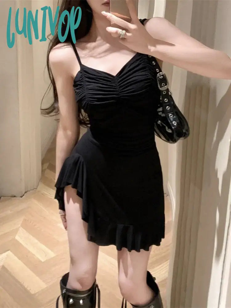 Lunivop Coquette Y2K Black Corset Dress Women Korean Style Ruffle Sleeveless Mini Party Dresses