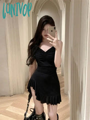 Lunivop Coquette Y2K Black Corset Dress Women Korean Style Ruffle Sleeveless Mini Party Dresses