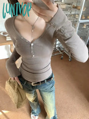 Lunivop Coquette Y2K Brown T-Shirts Women Korean Style 90S Vintage Long Sleeve Tees American Retro