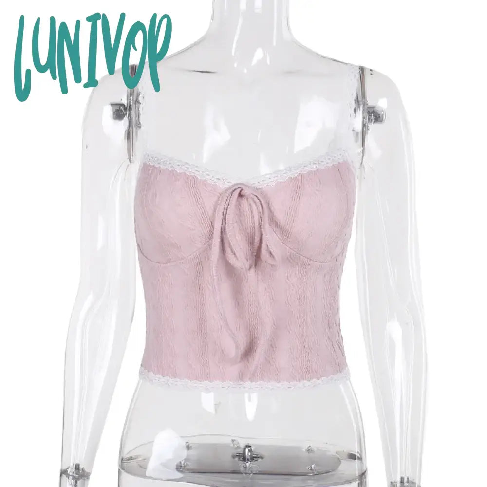 Lunivop Coquette Y2K Crop Tops Pink Cute Sexy Tanks Camis Sleeveless Open Back Lace Trim Tie Up