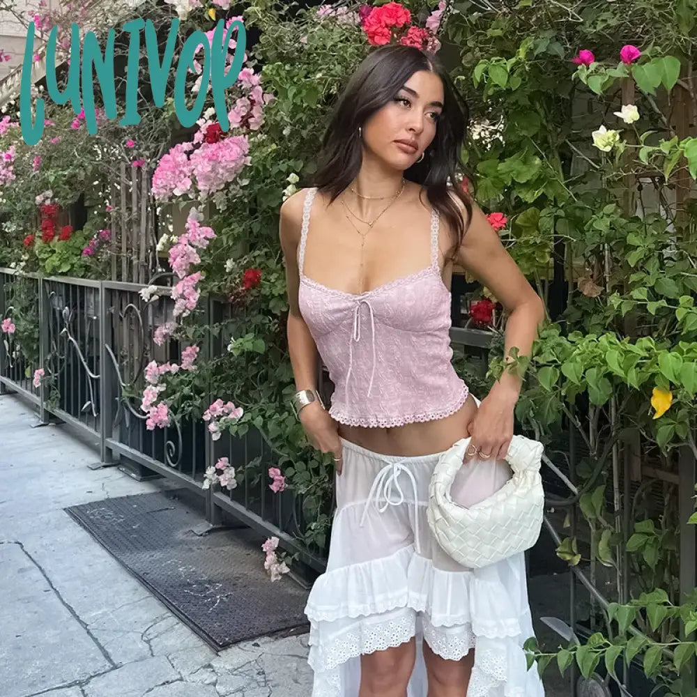 Lunivop Coquette Y2K Crop Tops Pink Cute Sexy Tanks Camis Sleeveless Open Back Lace Trim Tie Up