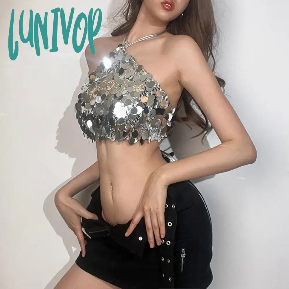 Lunivop Crop Tops Woman Silver Sequin Matte Trendy Design Sexy Hot Avant-Garde High Street