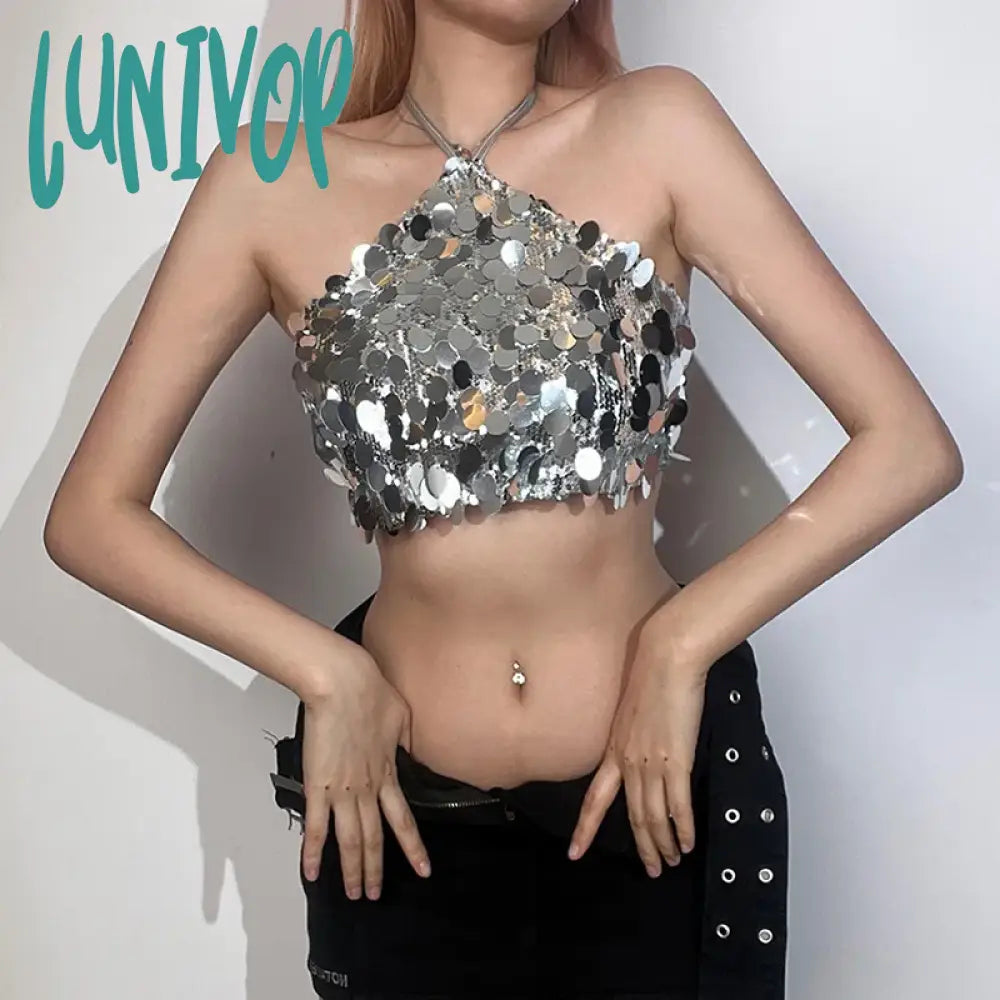 Lunivop Crop Tops Woman Silver Sequin Matte Trendy Design Sexy Hot Avant-Garde High Street