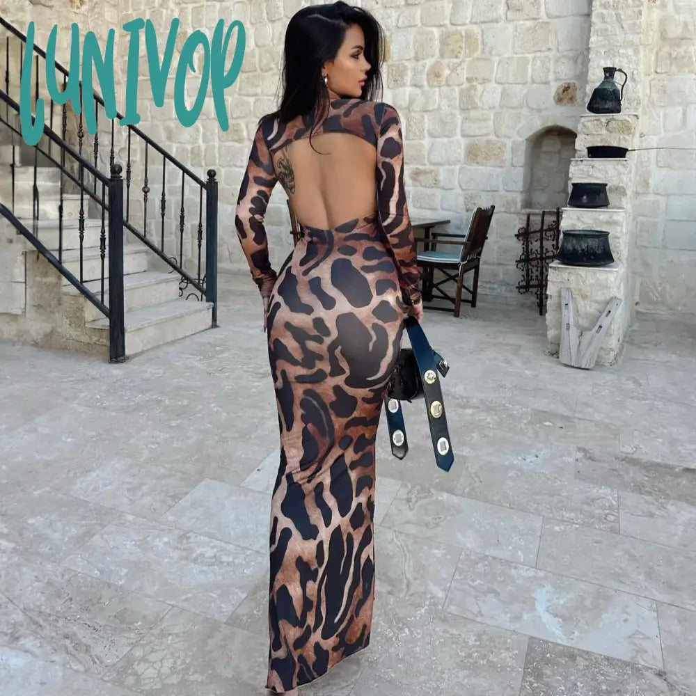 Lunivop Cut Out Backless Long Sleeve Maxi Dresses For Women 2024 Elegant Sexy Winter Party Leopard