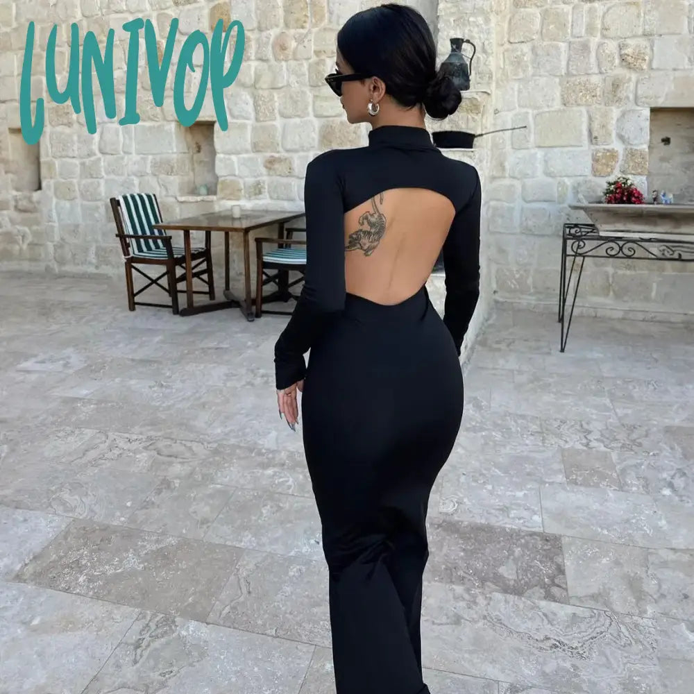 Lunivop Cut Out Backless Long Sleeve Maxi Dresses For Women 2024 Elegant Sexy Winter Party Leopard