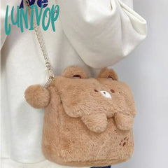 Lunivop Cute Bear Shoulder Bag For Women Soft Fluffy Kawaii Versatile Trend Purse Winter Casual