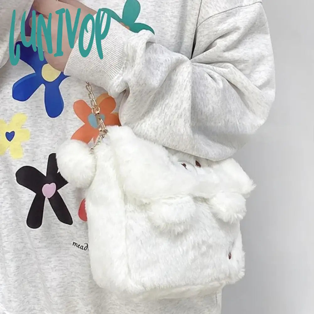 Lunivop Cute Bear Shoulder Bag For Women Soft Fluffy Kawaii Versatile Trend Purse Winter Casual