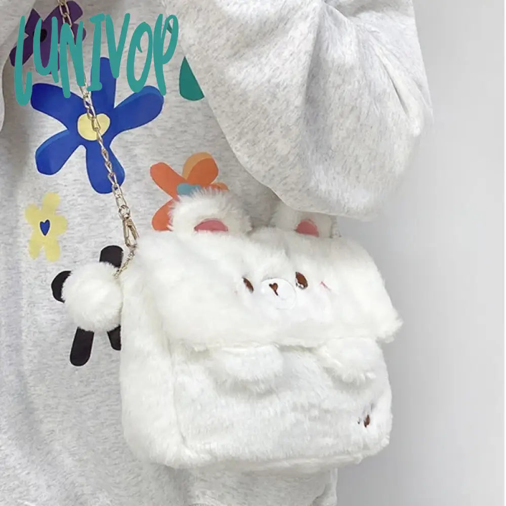 Lunivop Cute Bear Shoulder Bag For Women Soft Fluffy Kawaii Versatile Trend Purse Winter Casual