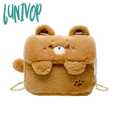 Lunivop Cute Bear Shoulder Bag For Women Soft Fluffy Kawaii Versatile Trend Purse Winter Casual