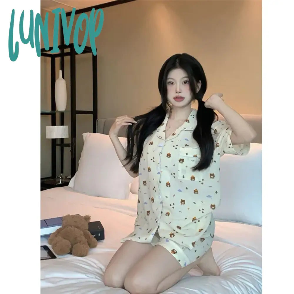 Lunivop Cute Bear Women’s Pajamas Summer Sweet Girl Short-Sleeved Shorts Homewear Suit Can Be