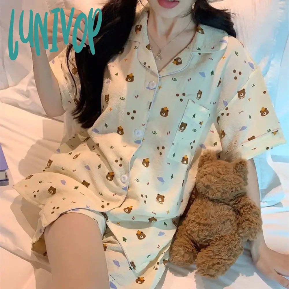 Lunivop Cute Bear Women’s Pajamas Summer Sweet Girl Short-Sleeved Shorts Homewear Suit Can Be