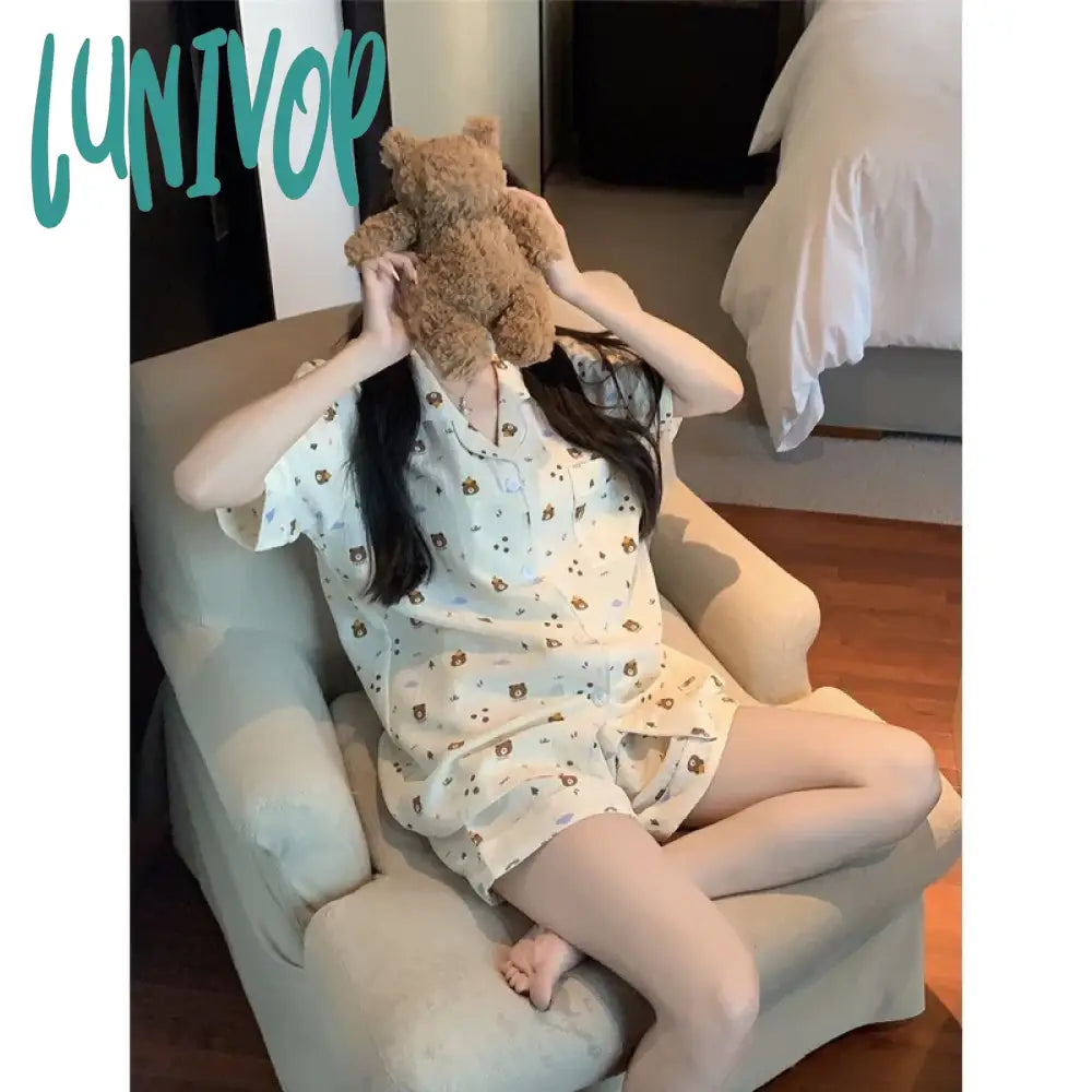 Lunivop Cute Bear Women’s Pajamas Summer Sweet Girl Short-Sleeved Shorts Homewear Suit Can Be