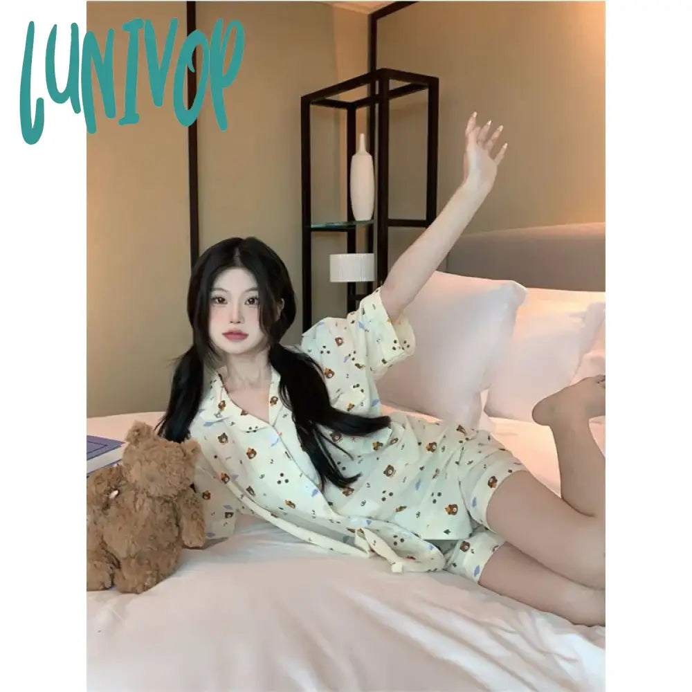 Lunivop Cute Bear Women’s Pajamas Summer Sweet Girl Short-Sleeved Shorts Homewear Suit Can Be