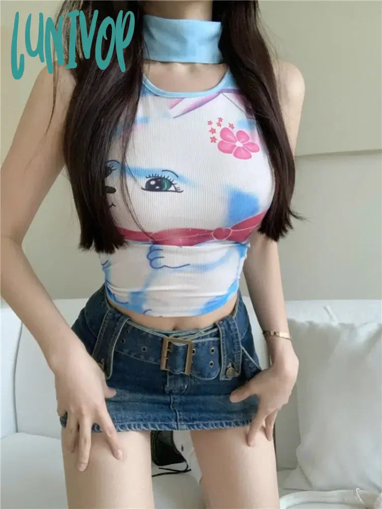 Lunivop Cute Cartoon Flower Print Vest For Women Y2K Grunge Sexy Hollow Out Slim Fit Tank Top 2024