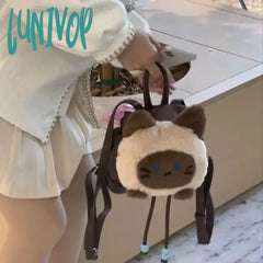 Lunivop Cute Cat Womens Backpack Small Fashion Contrast Color Plush Y2K Casual Backpacks Korean