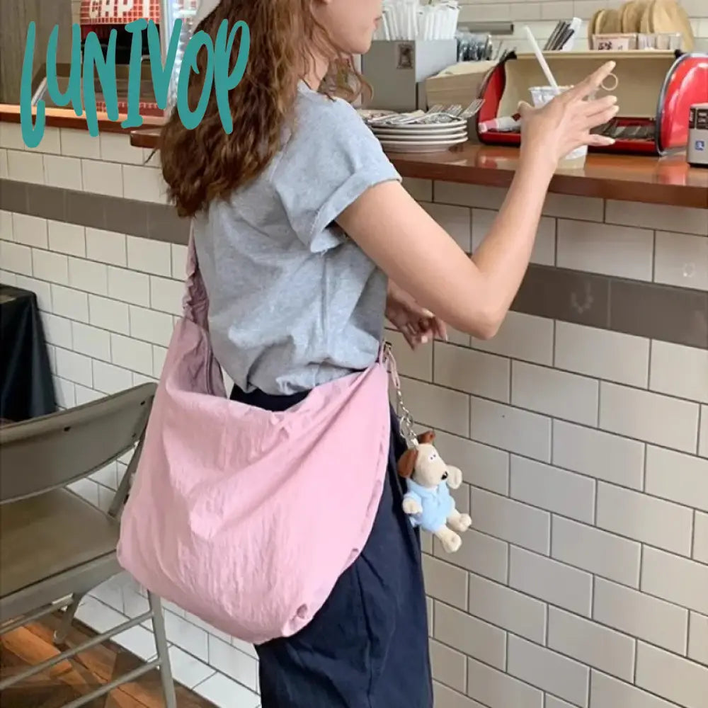 Lunivop Cute Pink Shoulder Bag Women Pleated Solid Color College Style Fashion Tote Large Capacity