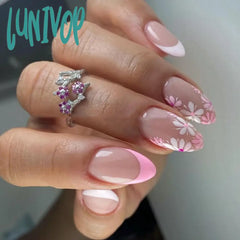 Lunivop Cute Pink White Flowers Nail Art French Simple Almond Shape False Nails Detachable Finished