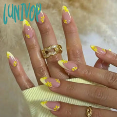 Lunivop Cute Pink White Flowers Nail Art French Simple Almond Shape False Nails Detachable Finished