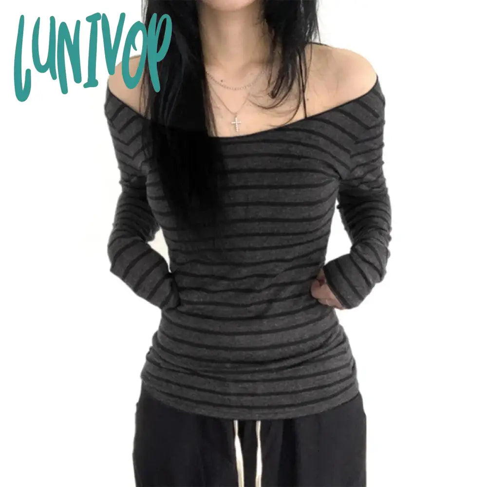 Lunivop Cyber Grunge Y2K T-Shirt Women Autumn Spring Korean Vintage Off Shoulder Crop Tops Striped
