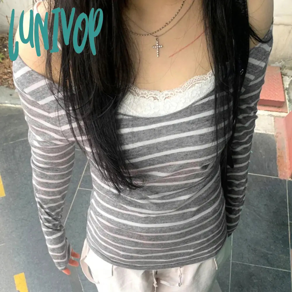 Lunivop Cyber Grunge Y2K T-Shirt Women Autumn Spring Korean Vintage Off Shoulder Crop Tops Striped