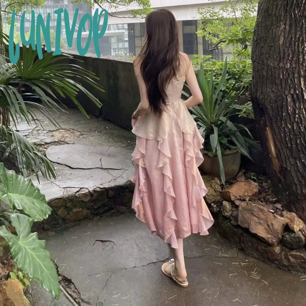 cybergoth dress to impress 2024 Summer New Waist-Tight Chiffon Tie-Dyed Ruffled Fairy Skirt Suspender Skirt Super Fairy Heavy Industry Dress