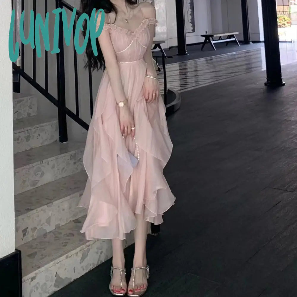 cybergoth dress to impress Tea Break French Style Pink Sling Dress Female Summer Milk Sweet Escape Princess Vintage Vintage First Love Dress Super Fairy