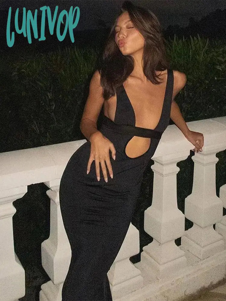 Lunivop Deep V Neck Dress For Women Summer Sleeveless Hollow Out Dresses Women’s Backless Black
