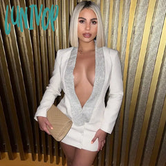 Lunivop Deep V Neck Hot Drill Mini Dress For Women Slim Long Sleeve Sexy Backless Coats Femme Party