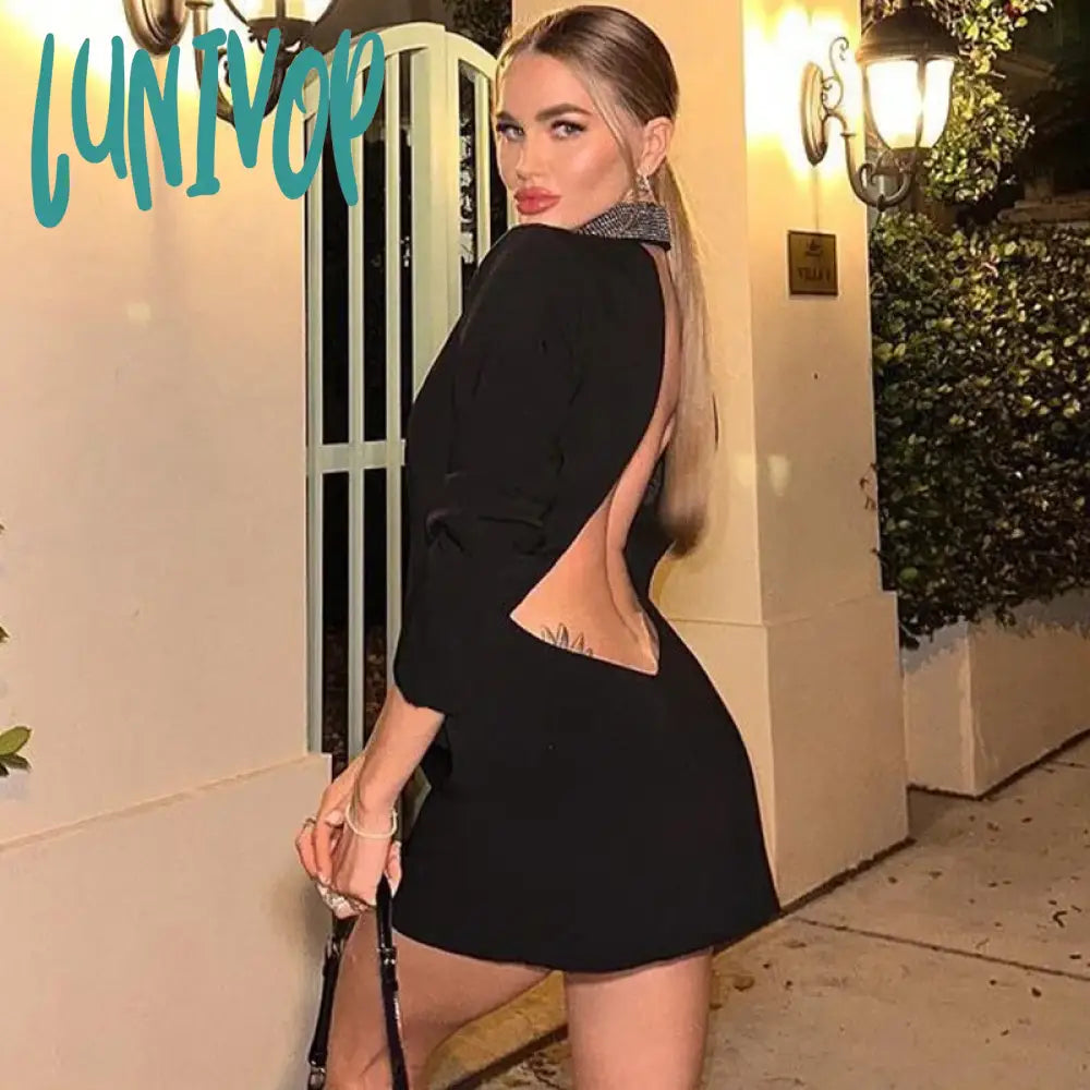 Lunivop Deep V Neck Hot Drill Mini Dress For Women Slim Long Sleeve Sexy Backless Coats Femme Party