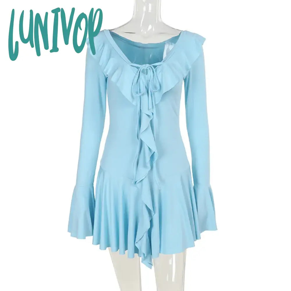 Lunivop Deep V Neck Long Flare Sleeve Autumn Winter Dress Women Solid Ruffles Sexy Mini Dresses