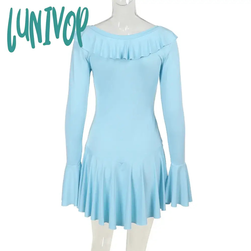 Lunivop Deep V Neck Long Flare Sleeve Autumn Winter Dress Women Solid Ruffles Sexy Mini Dresses