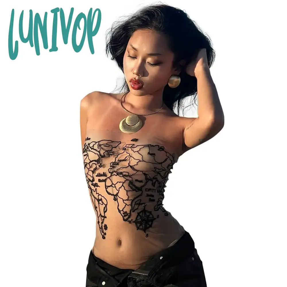 Lunivop Desert Wasteland Style Skin Color Mesh Print Thin Sheer Strapless Hot Girl Skinny Backless